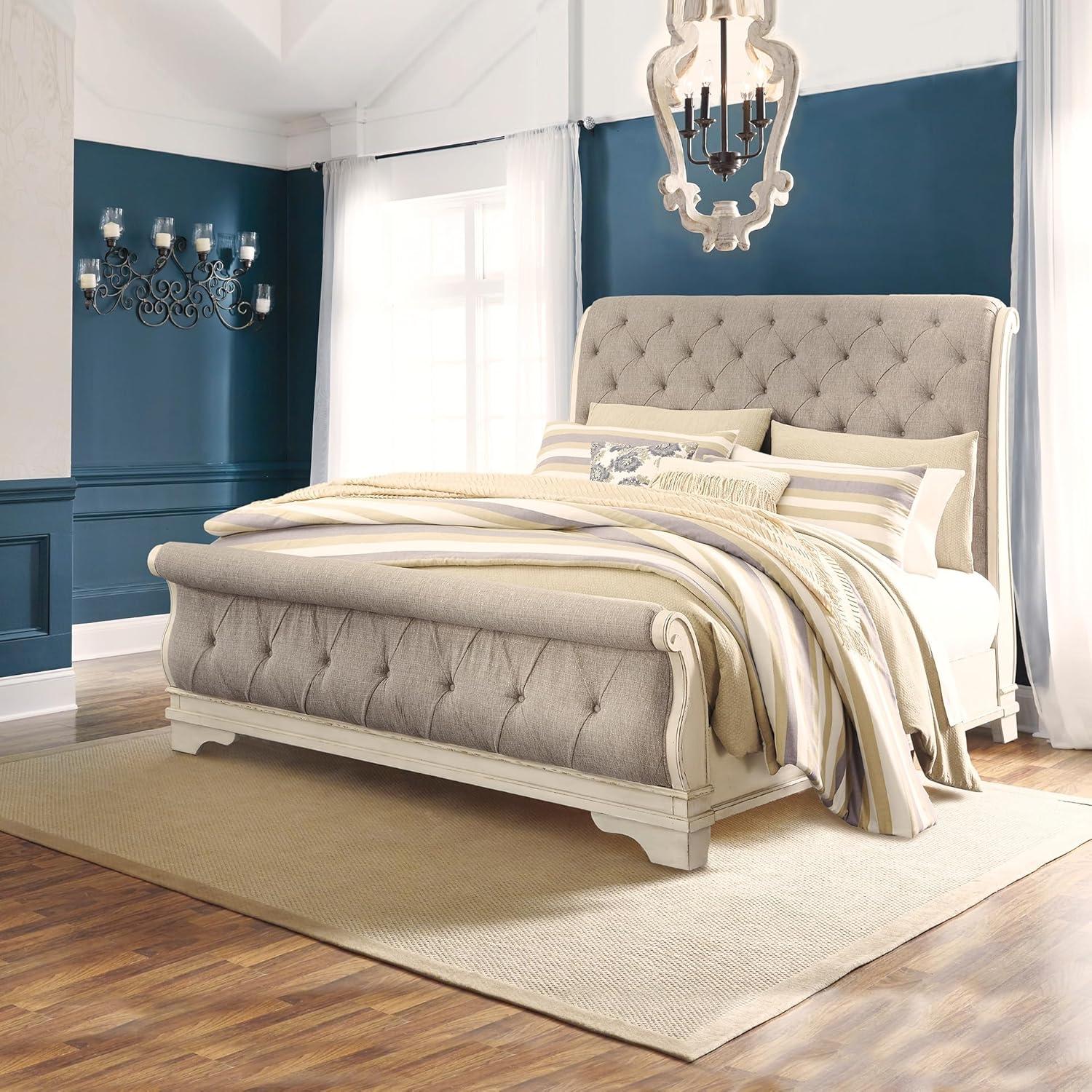 imageSignature Design by Ashley Realyn Traditional Upholstered Panel Bed with Tufted Design Foundation or Box Spring Needed King BeigeCalifornia King