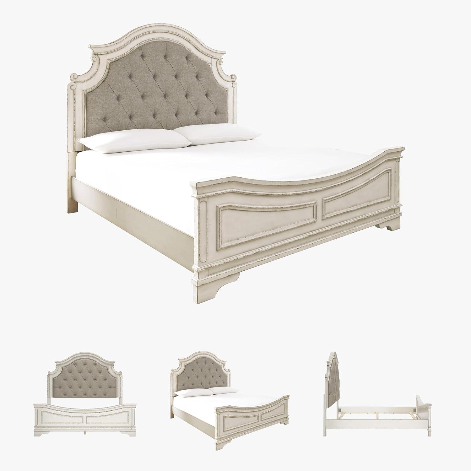 imageSignature Design by Ashley Realyn Traditional Upholstered Panel Bed with Tufted Design Foundation or Box Spring Needed King BeigeCalifornia King