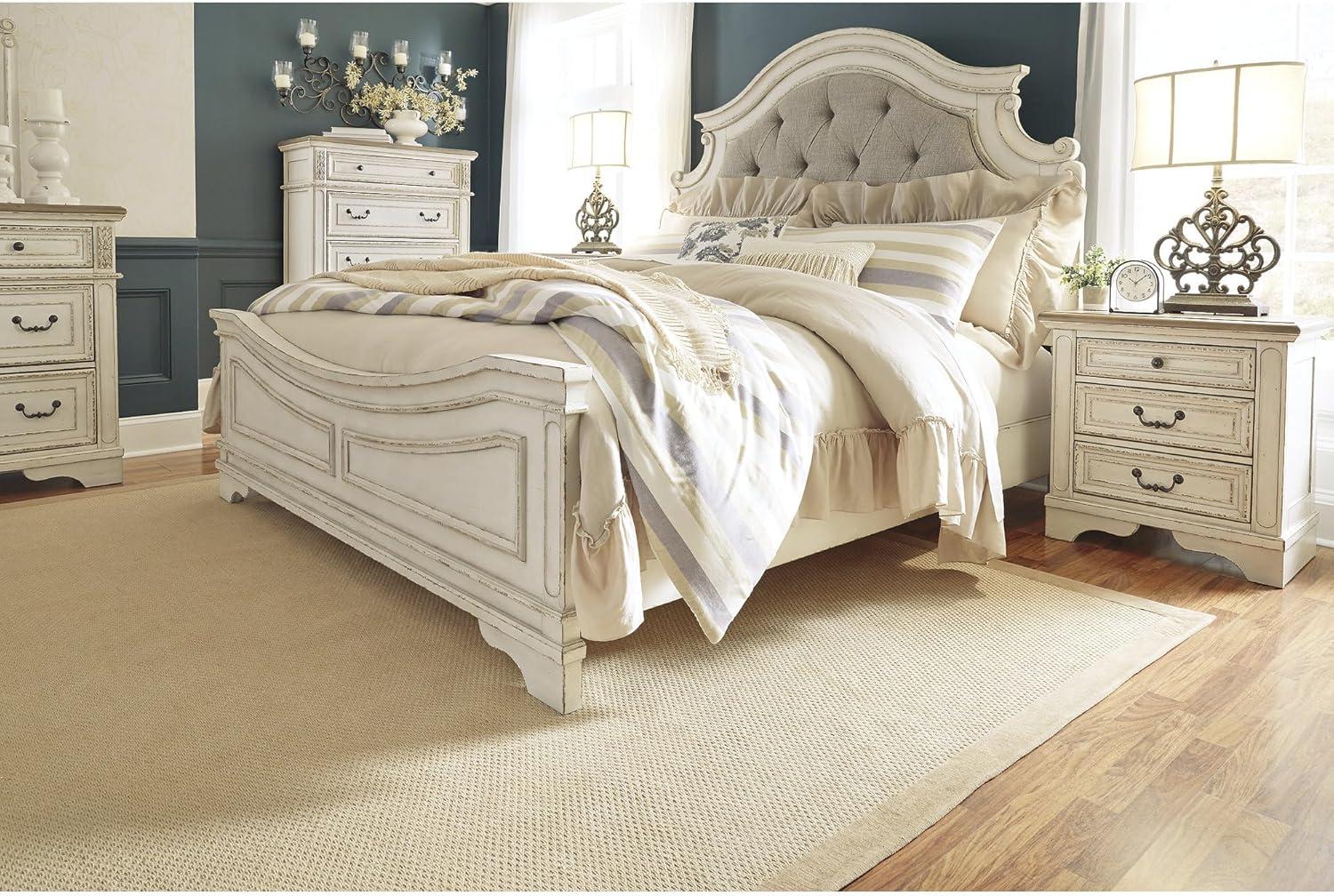 imageSignature Design by Ashley Realyn Traditional Upholstered Panel Bed with Tufted Design Foundation or Box Spring Needed King BeigeCalifornia King