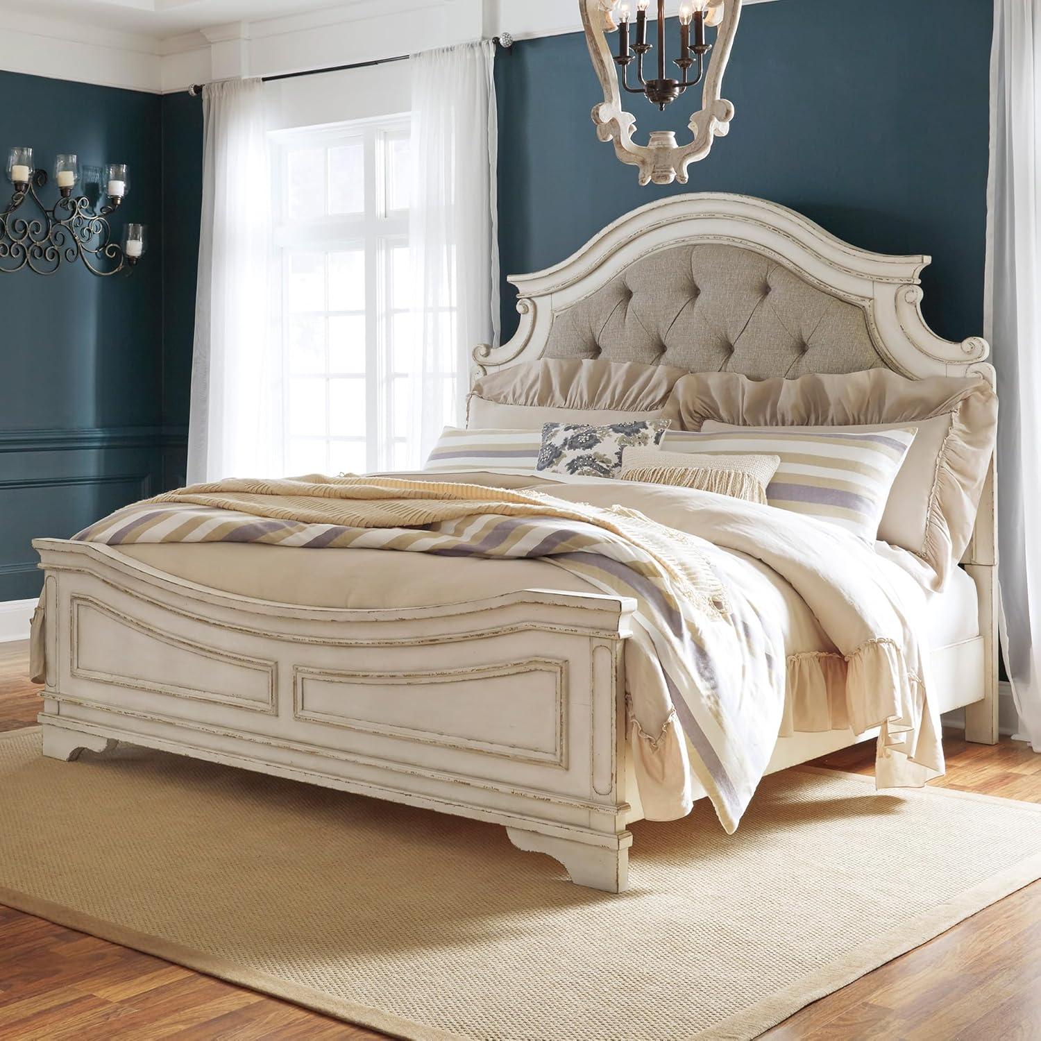 imageSignature Design by Ashley Realyn Traditional Upholstered Panel Bed with Tufted Design Foundation or Box Spring Needed King BeigeCalifornia King