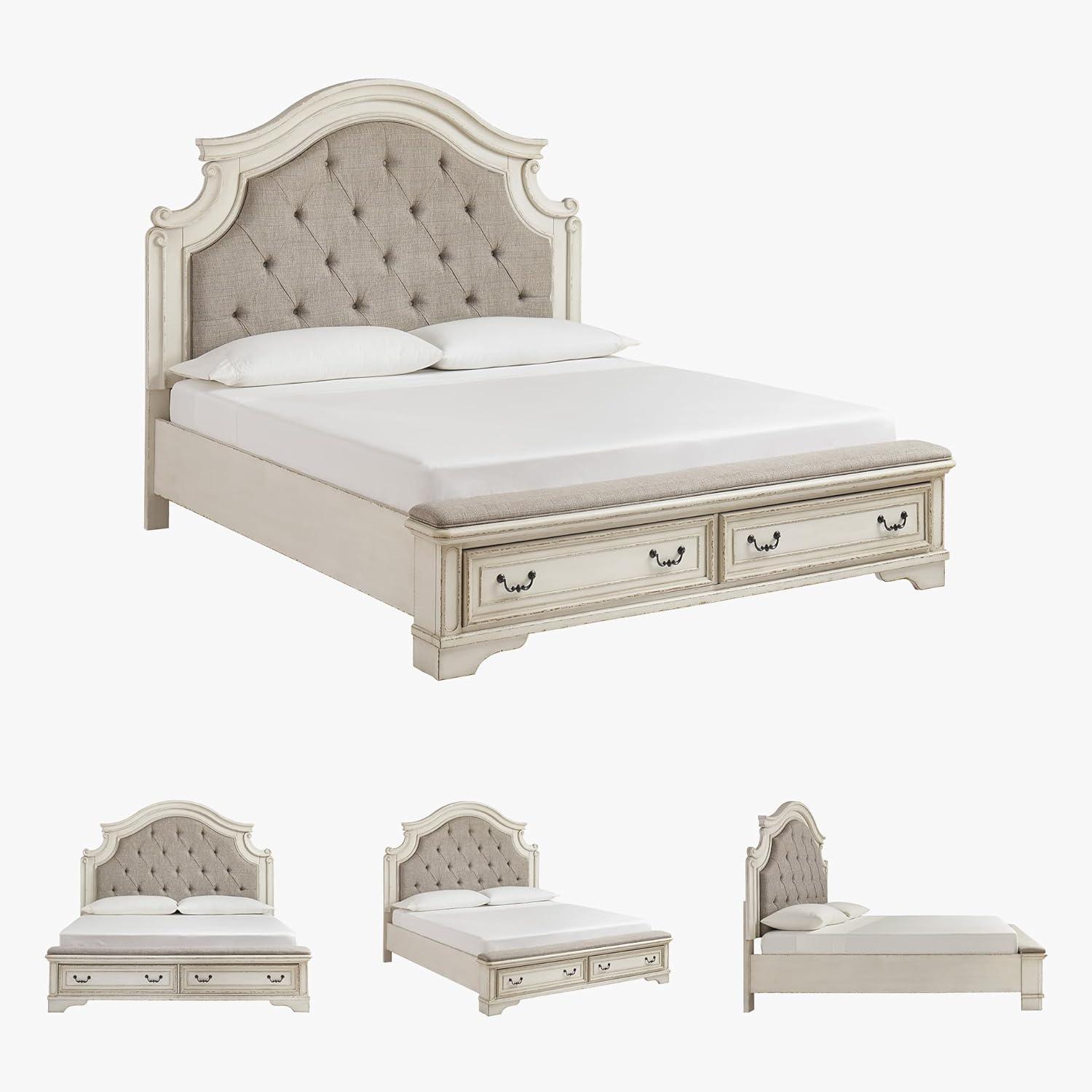 imageSignature Design by Ashley Realyn Traditional Upholstered Panel Bed with Tufted Design Foundation or Box Spring Needed King BeigeCalifornia King