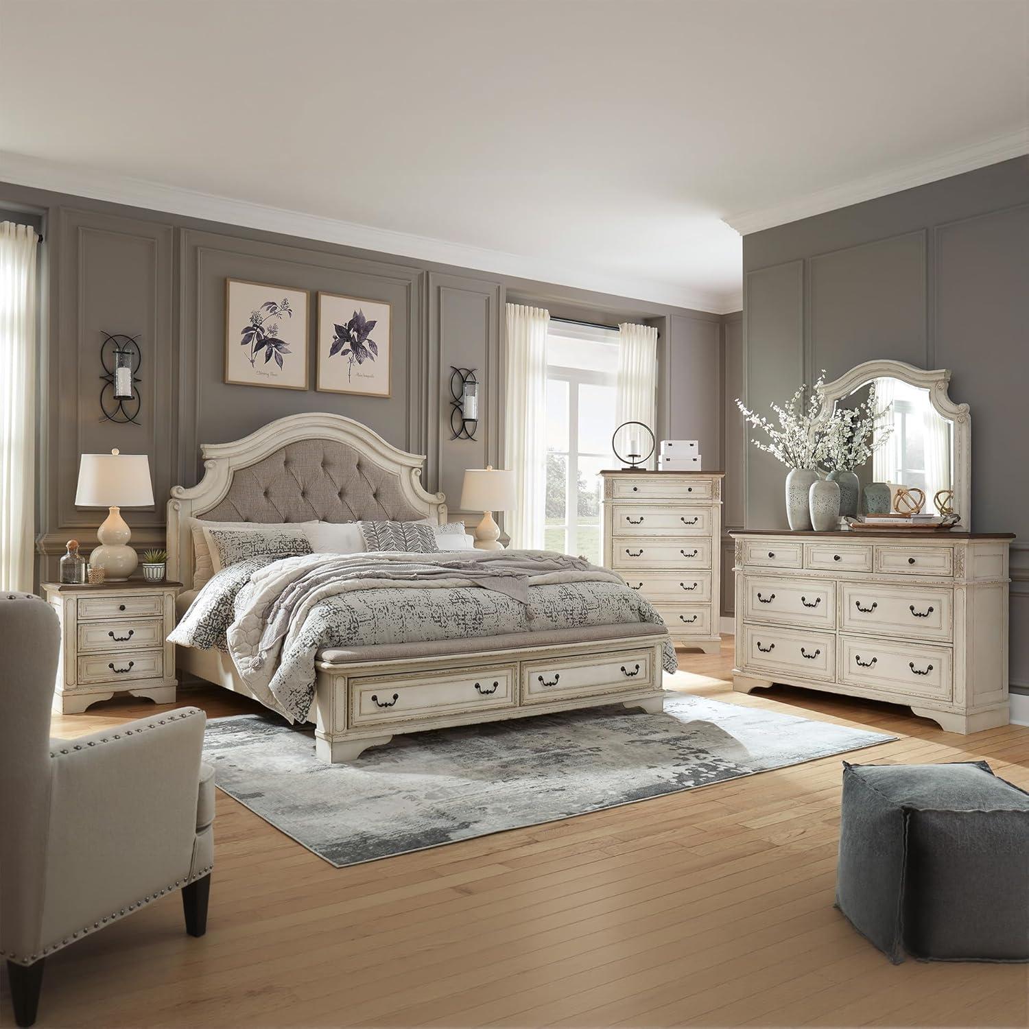 imageSignature Design by Ashley Realyn Traditional Upholstered Panel Bed with Tufted Design Foundation or Box Spring Needed King BeigeCalifornia King