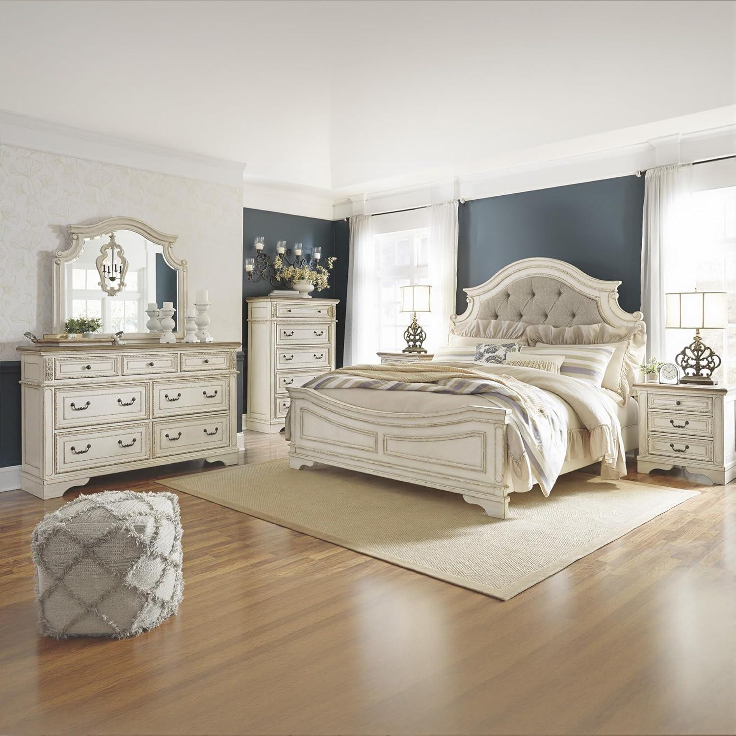 imageSignature Design by Ashley Realyn Traditional Upholstered Panel Bed with Tufted Design Foundation or Box Spring Needed King BeigeCalifornia King