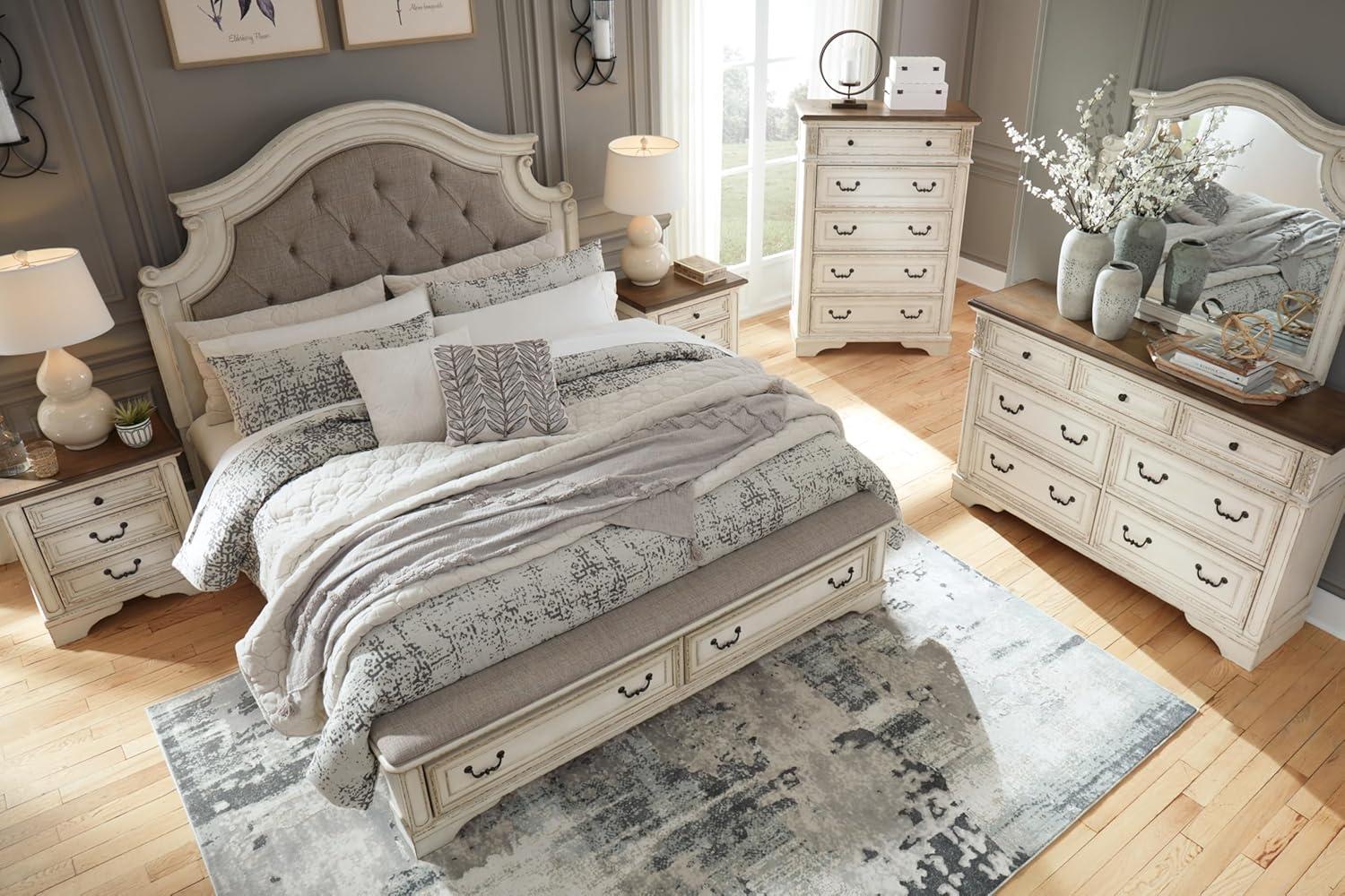 imageSignature Design by Ashley Realyn Traditional Upholstered Panel Bed with Tufted Design Foundation or Box Spring Needed King BeigeCalifornia King