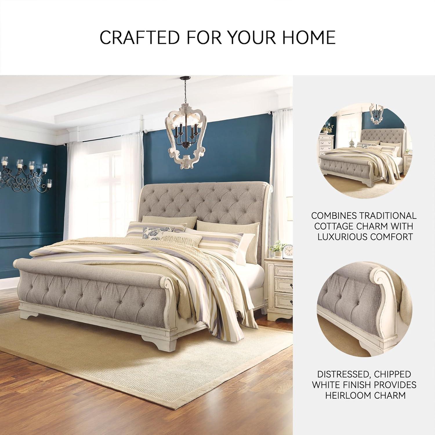 imageSignature Design by Ashley Realyn Traditional Upholstered Panel Bed with Tufted Design Foundation or Box Spring Needed King BeigeQueen