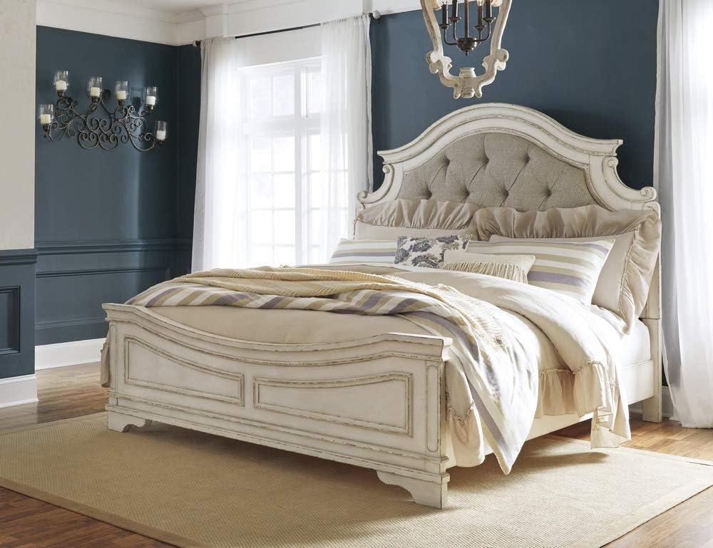 imageSignature Design by Ashley Realyn Traditional Upholstered Panel Bed with Tufted Design Foundation or Box Spring Needed King BeigeQueen
