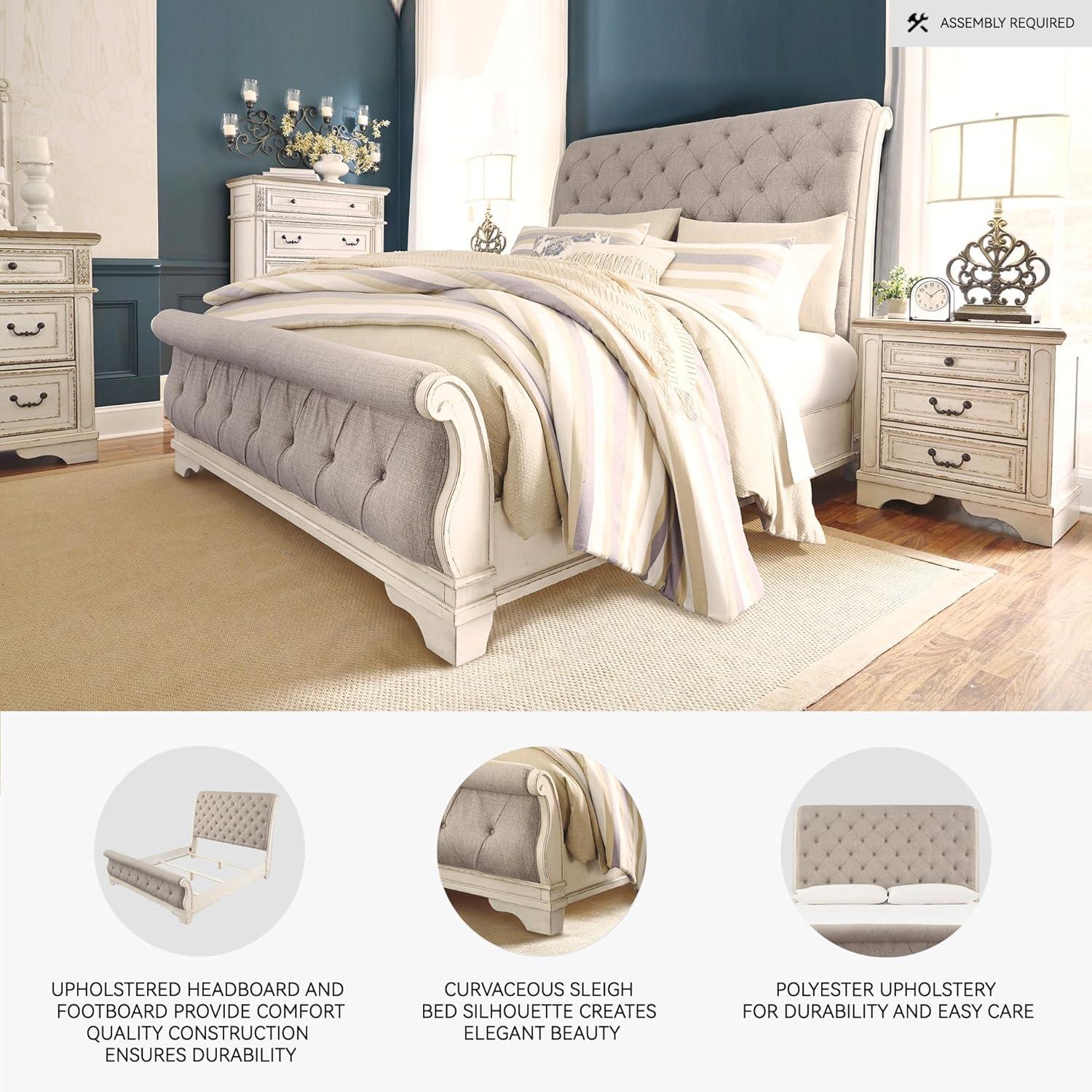 imageSignature Design by Ashley Realyn Traditional Upholstered Panel Bed with Tufted Design Foundation or Box Spring Needed King BeigeQueen