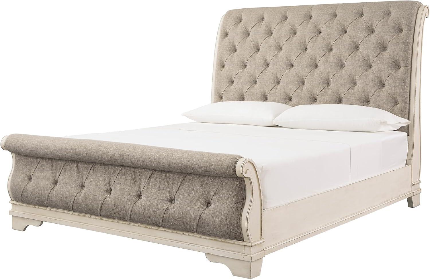 imageSignature Design by Ashley Realyn Traditional Upholstered Panel Bed with Tufted Design Foundation or Box Spring Needed King BeigeQueen