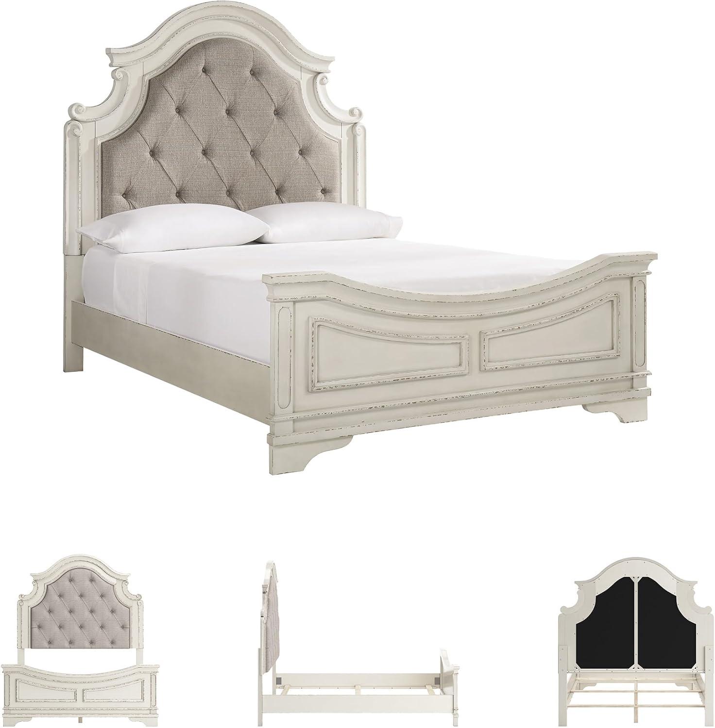 imageSignature Design by Ashley Realyn Traditional Upholstered Panel Bed with Tufted Design Foundation or Box Spring Needed King BeigeQueen