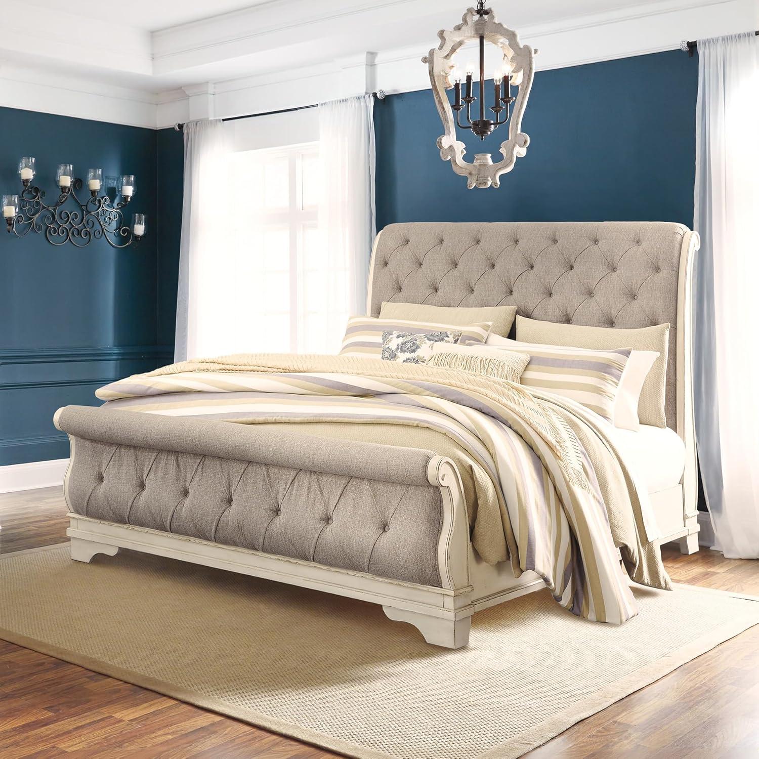 imageSignature Design by Ashley Realyn Traditional Upholstered Panel Bed with Tufted Design Foundation or Box Spring Needed King BeigeQueen
