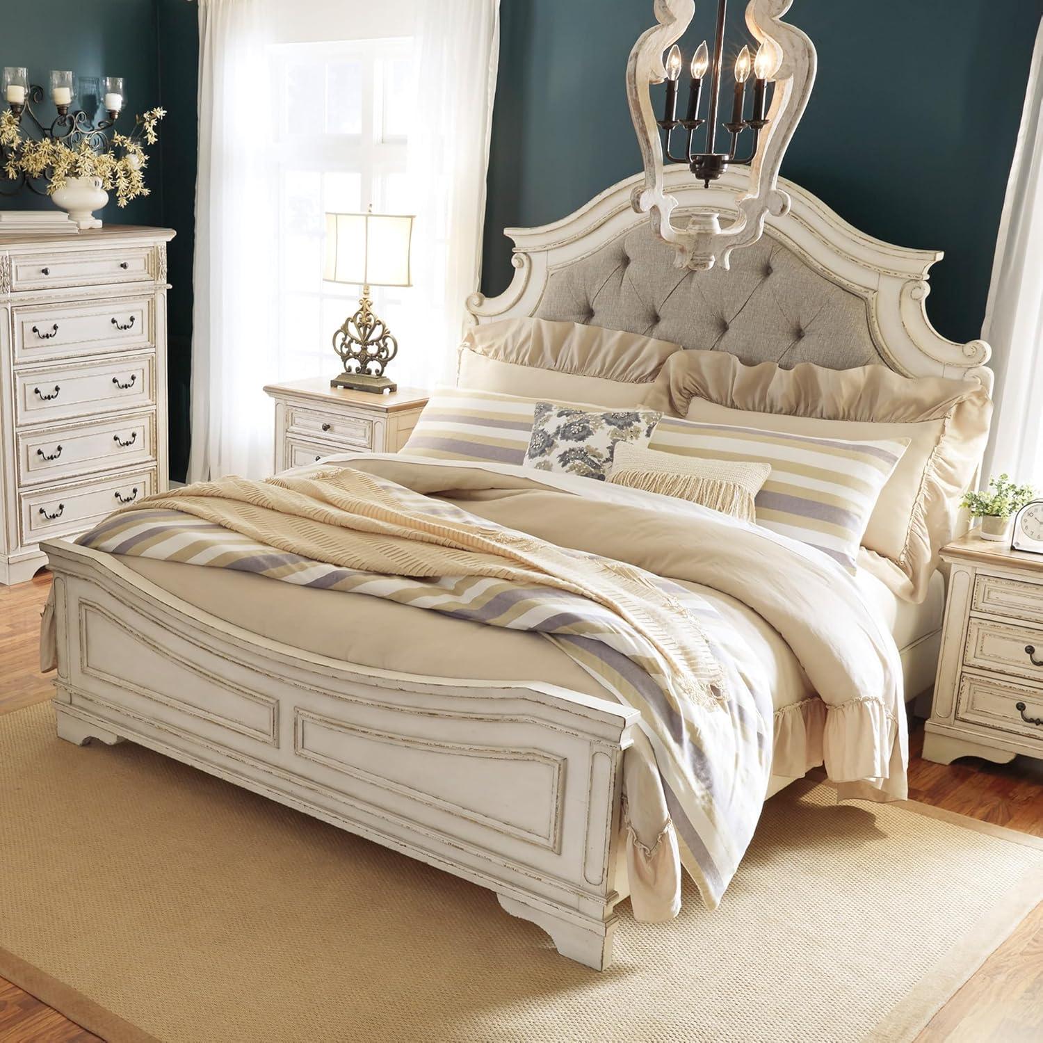 imageSignature Design by Ashley Realyn Traditional Upholstered Panel Bed with Tufted Design Foundation or Box Spring Needed King BeigeQueen