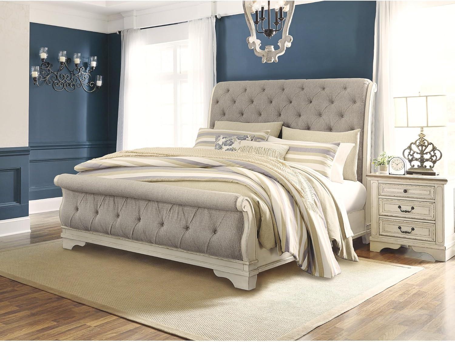 imageSignature Design by Ashley Realyn Traditional Upholstered Panel Bed with Tufted Design Foundation or Box Spring Needed King BeigeQueen