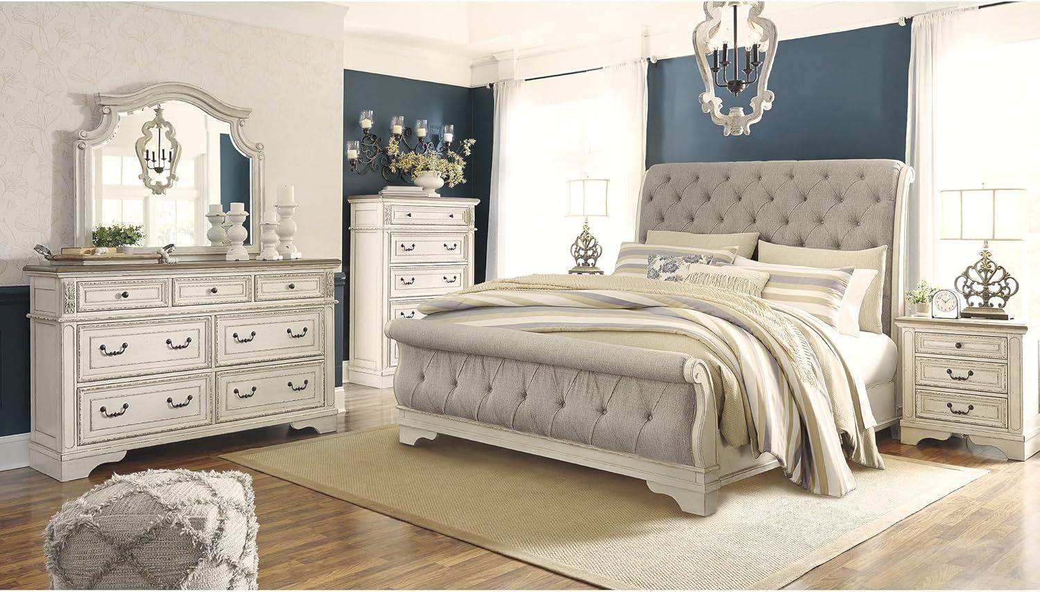 imageSignature Design by Ashley Realyn Traditional Upholstered Panel Bed with Tufted Design Foundation or Box Spring Needed King BeigeQueen