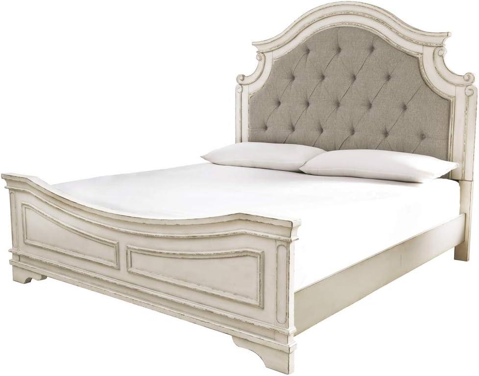 imageSignature Design by Ashley Realyn Traditional Upholstered Panel Bed with Tufted Design Foundation or Box Spring Needed King BeigeQueen