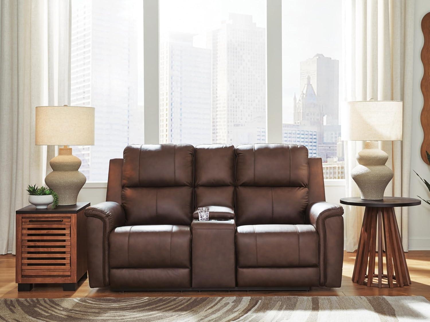 imageSignature Design by Ashley Beryton Power Recliner with Adjustable Headrest USBA amp USBC Charging OneTouch Reclining Leather 38 W x 41 D x 43 H BrownPower Reclining Loveseat with Console