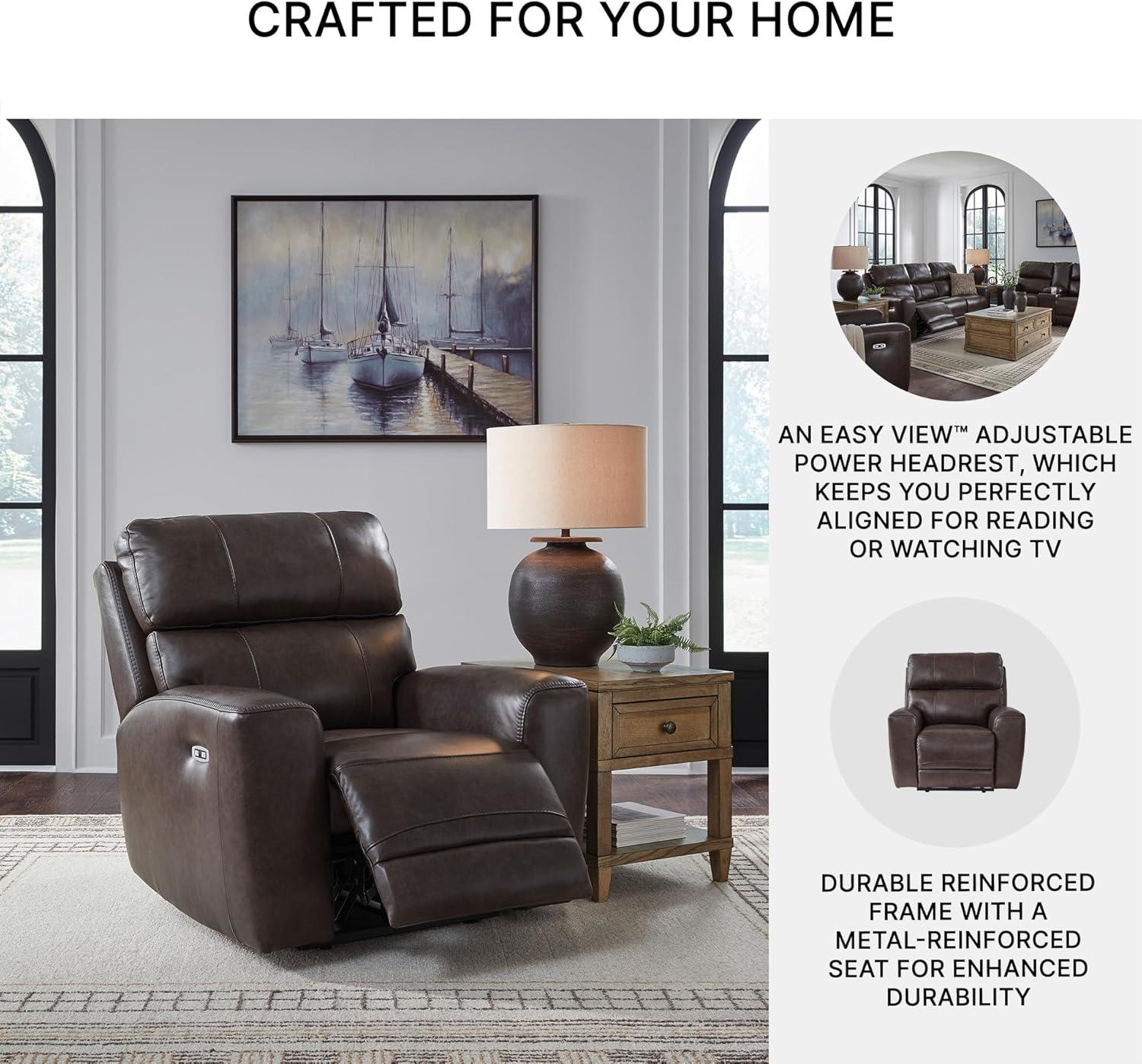 imageSignature Design by Ashley Side Step Contemporary Leather Match Power Recliner with Adjustable Headrest and USB Ports Dark Brown