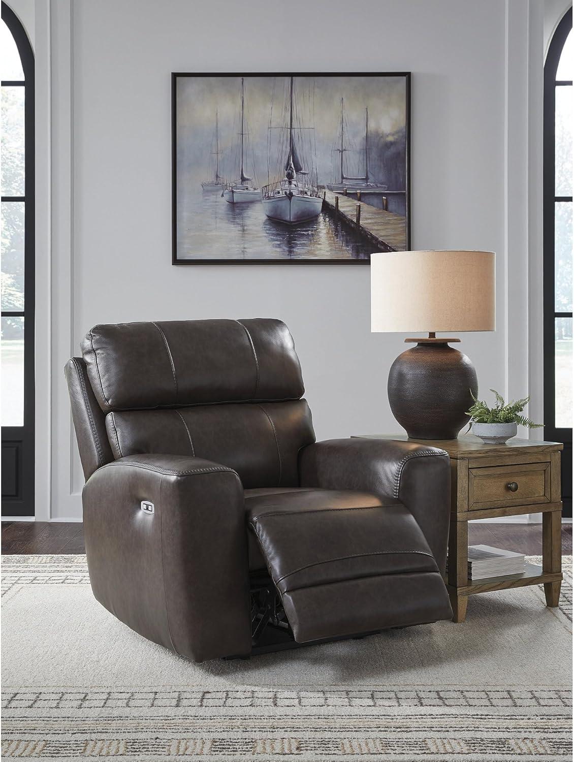 imageSignature Design by Ashley Side Step Contemporary Leather Match Power Recliner with Adjustable Headrest and USB Ports Dark Brown