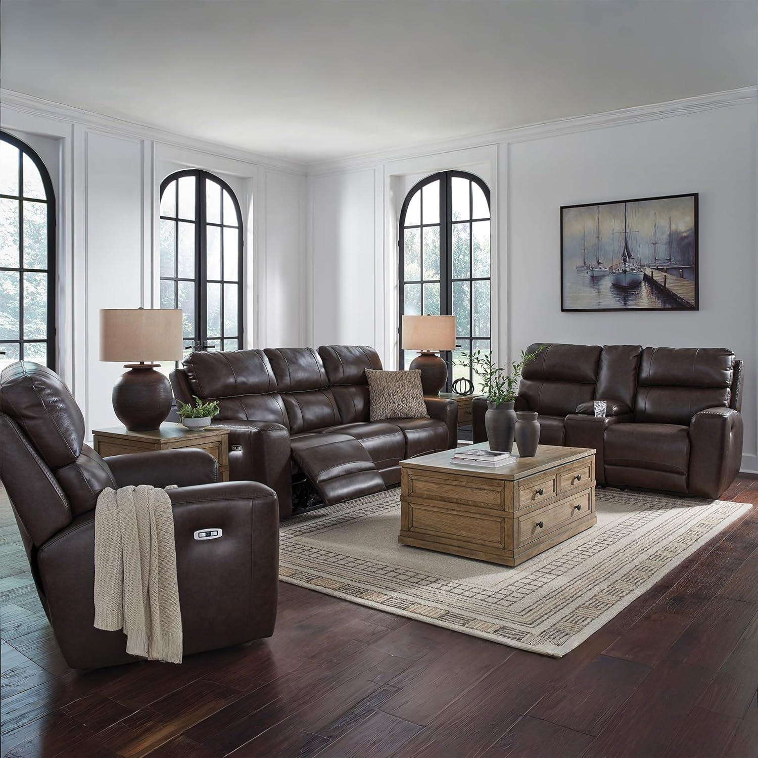 imageSignature Design by Ashley Side Step Contemporary Leather Match Power Recliner with Adjustable Headrest and USB Ports Dark Brown