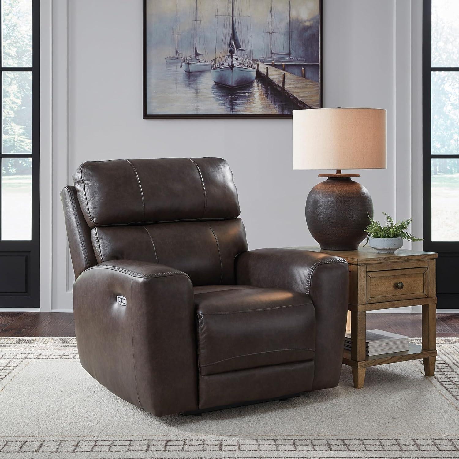 imageSignature Design by Ashley Side Step Contemporary Leather Match Power Recliner with Adjustable Headrest and USB Ports Dark Brown
