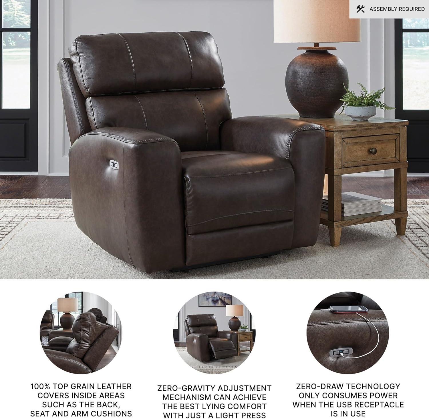 imageSignature Design by Ashley Side Step Contemporary Leather Match Power Recliner with Adjustable Headrest and USB Ports Dark Brown