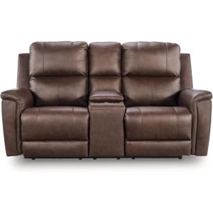 Signature Design by Ashley Beryton Power Recliner with Adjustable Headrest, USB-A & USB-C Charging, One-Touch Reclining, Leather, 38″ W x 41″ D x 43″ H, Brown(Power Reclining Loveseat with Console)