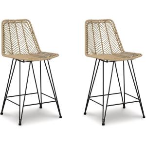 Signature Design by Ashley Angentree Bohemian Wicker Counter Height Barstool with Footrest, 2 Count, Black & Gray(Natural)