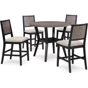 Signature Design by Ashley Corloda Casual Starburst Counter Height Dining Table and 4 Upholstered Bar Stools with 1 Lower Shelf, Set of 5, Black & Light Gray