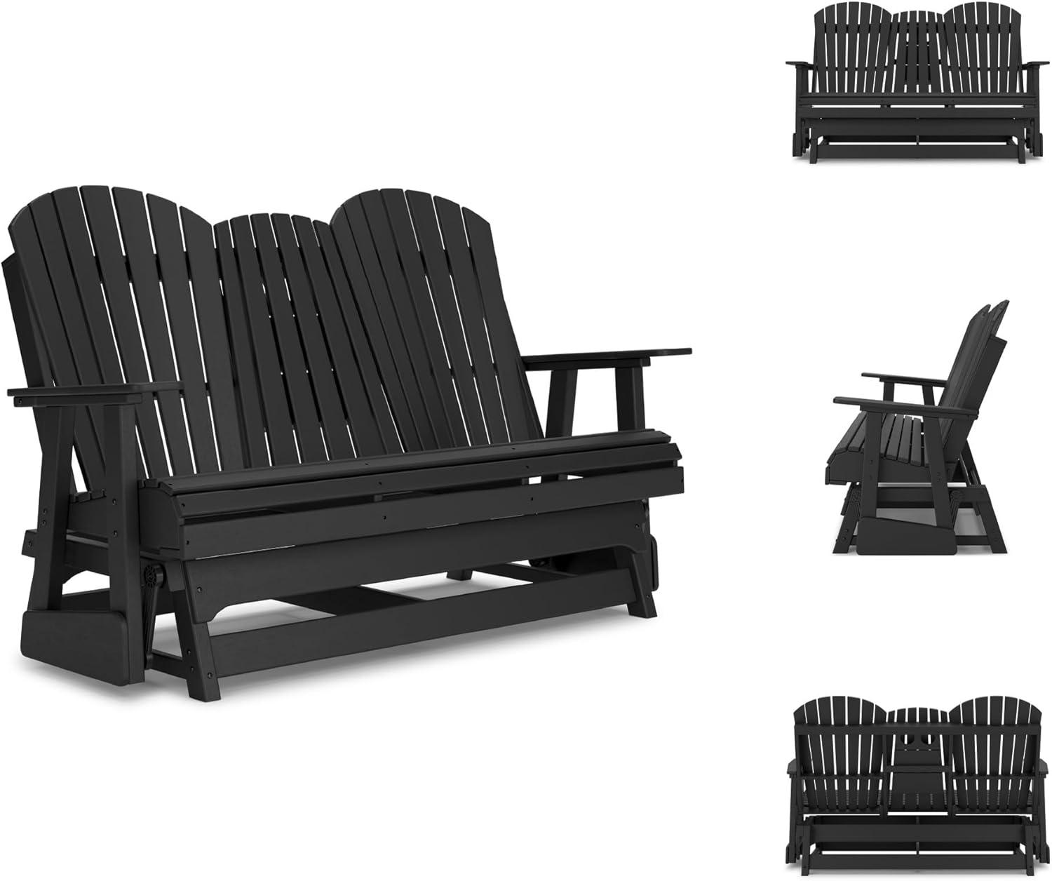 imageSignature Design by Ashley Hyland Wave Modern Weather Resistant HDPE Outdoor Glider Loveseat with Drop Down Table and 2 Cup Holders BlackBlack