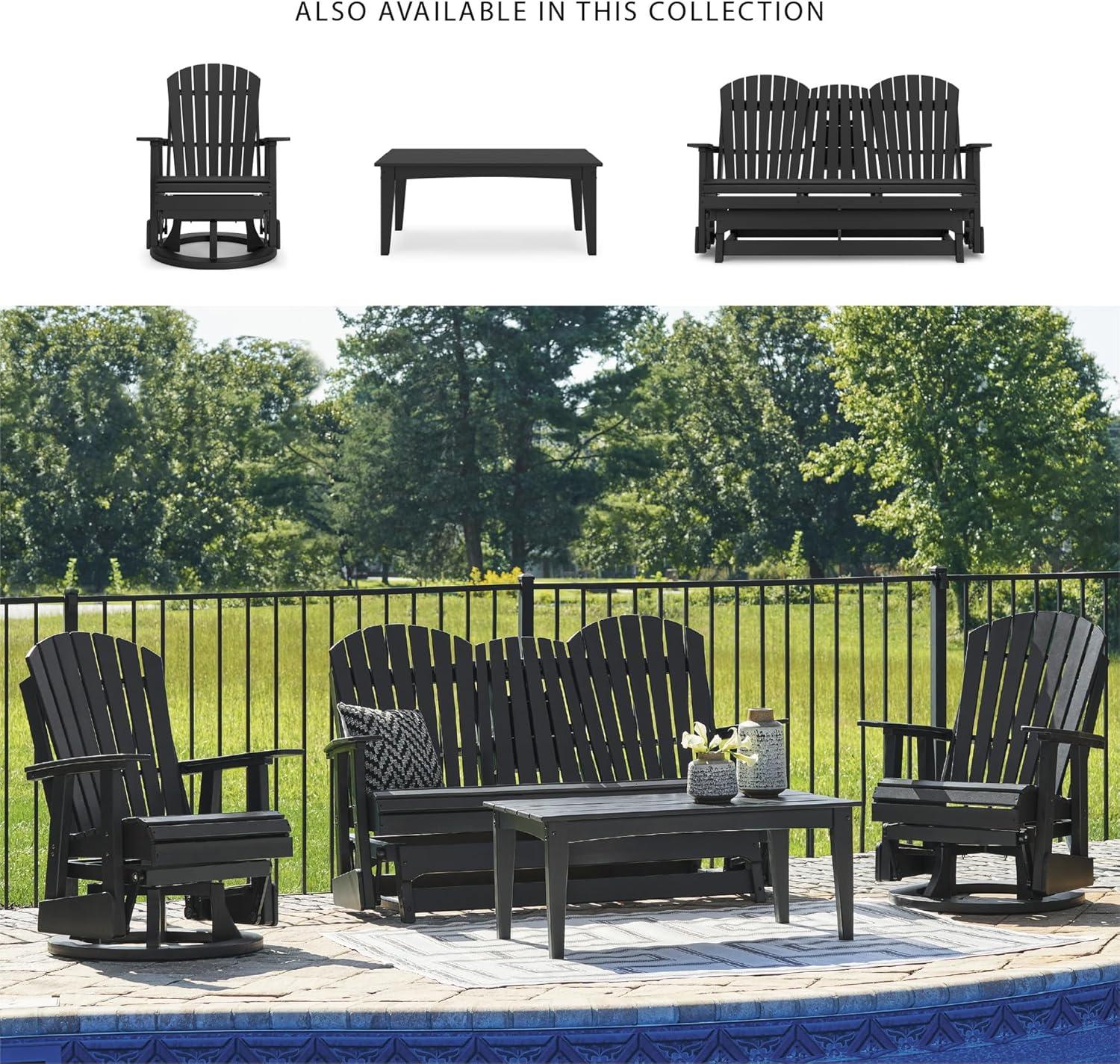 imageSignature Design by Ashley Hyland Wave Modern Weather Resistant HDPE Outdoor Glider Loveseat with Drop Down Table and 2 Cup Holders BlackBlack