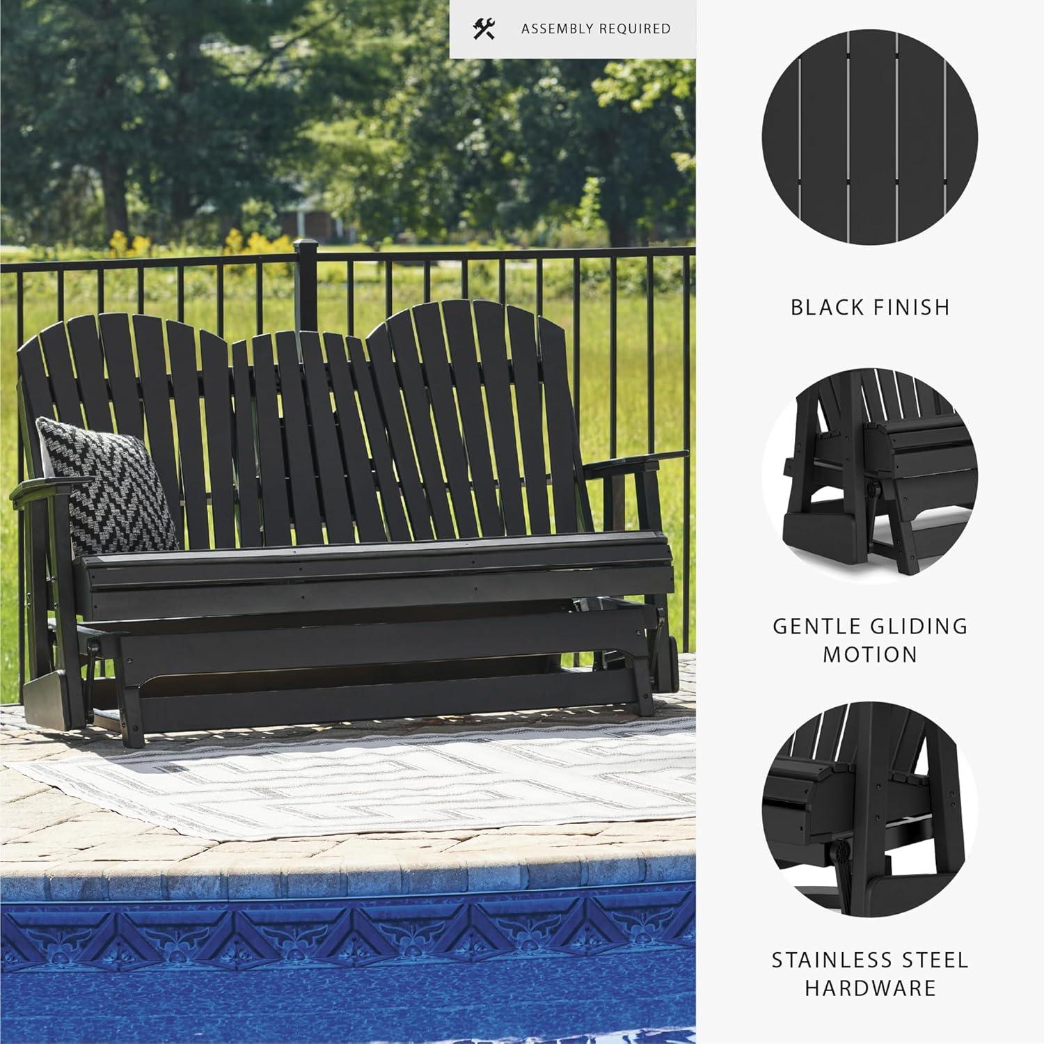 imageSignature Design by Ashley Hyland Wave Modern Weather Resistant HDPE Outdoor Glider Loveseat with Drop Down Table and 2 Cup Holders BlackBlack