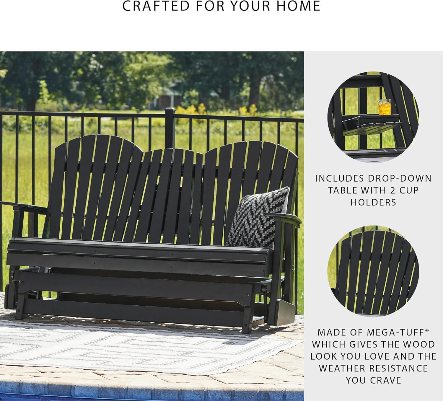 imageSignature Design by Ashley Hyland Wave Modern Weather Resistant HDPE Outdoor Glider Loveseat with Drop Down Table and 2 Cup Holders BlackBlack