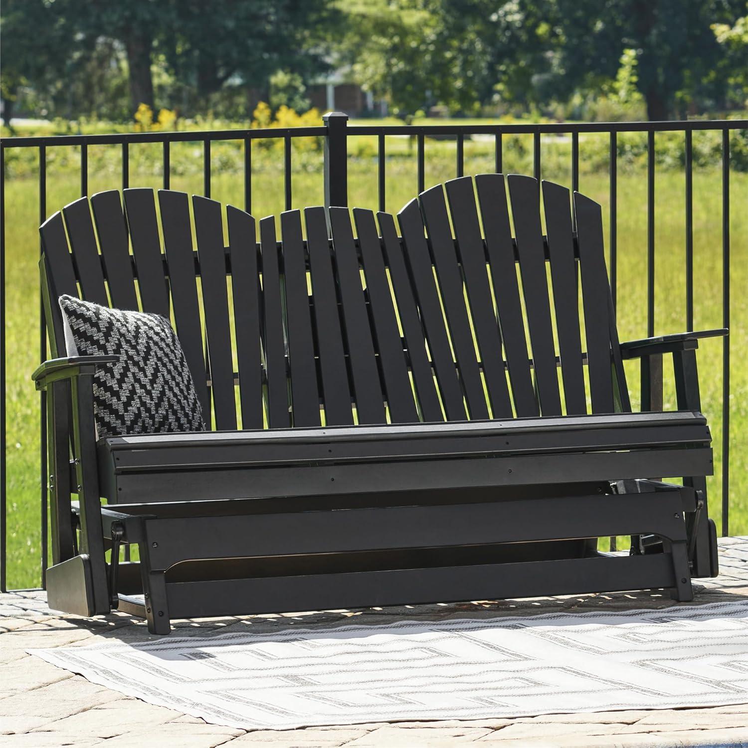 imageSignature Design by Ashley Hyland Wave Modern Weather Resistant HDPE Outdoor Glider Loveseat with Drop Down Table and 2 Cup Holders BlackBlack