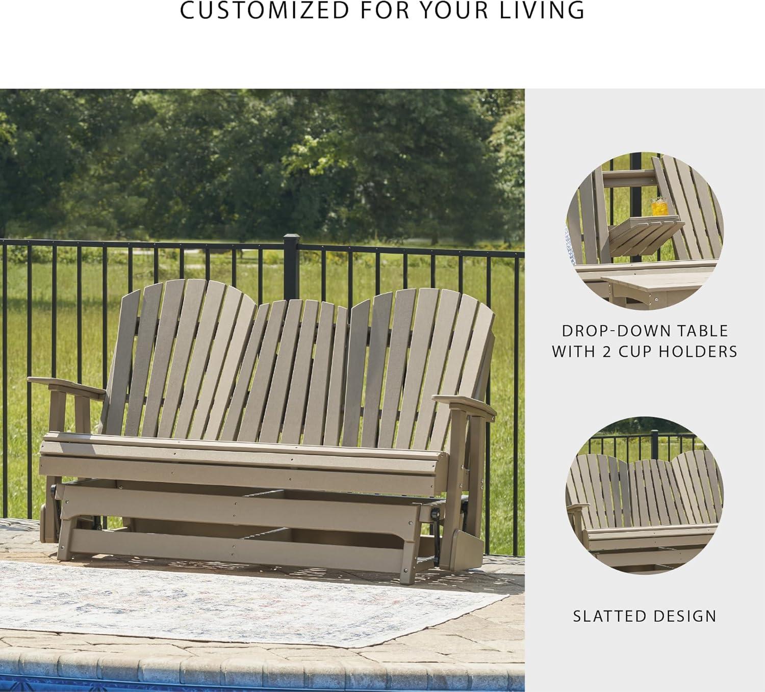 imageSignature Design by Ashley Hyland Wave Modern Weather Resistant HDPE Outdoor Glider Loveseat with Drop Down Table and 2 Cup Holders BlackBrown