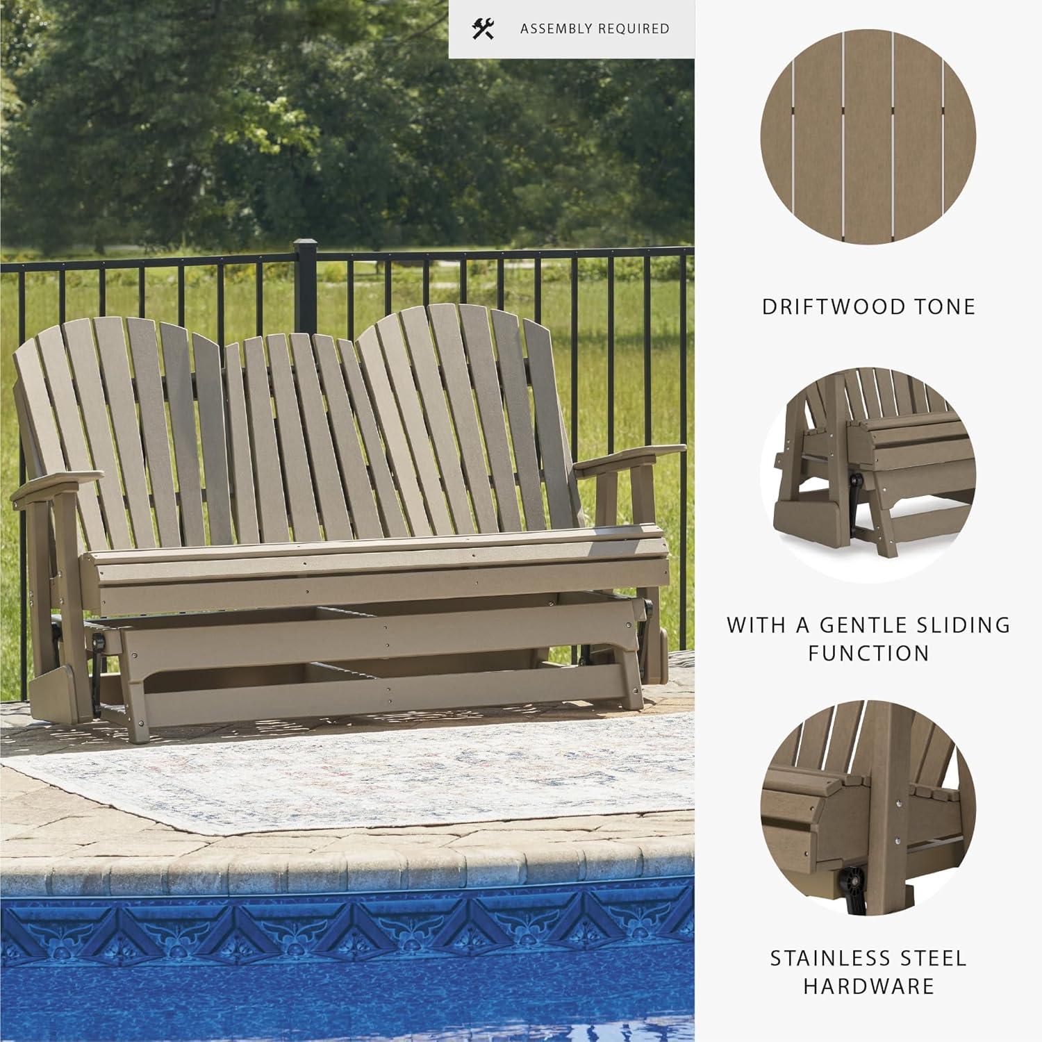 imageSignature Design by Ashley Hyland Wave Modern Weather Resistant HDPE Outdoor Glider Loveseat with Drop Down Table and 2 Cup Holders BlackBrown