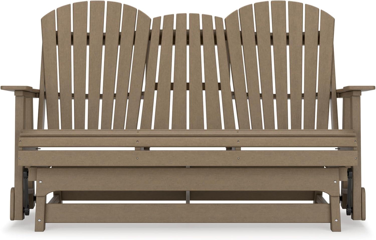 imageSignature Design by Ashley Hyland Wave Modern Weather Resistant HDPE Outdoor Glider Loveseat with Drop Down Table and 2 Cup Holders BlackBrown
