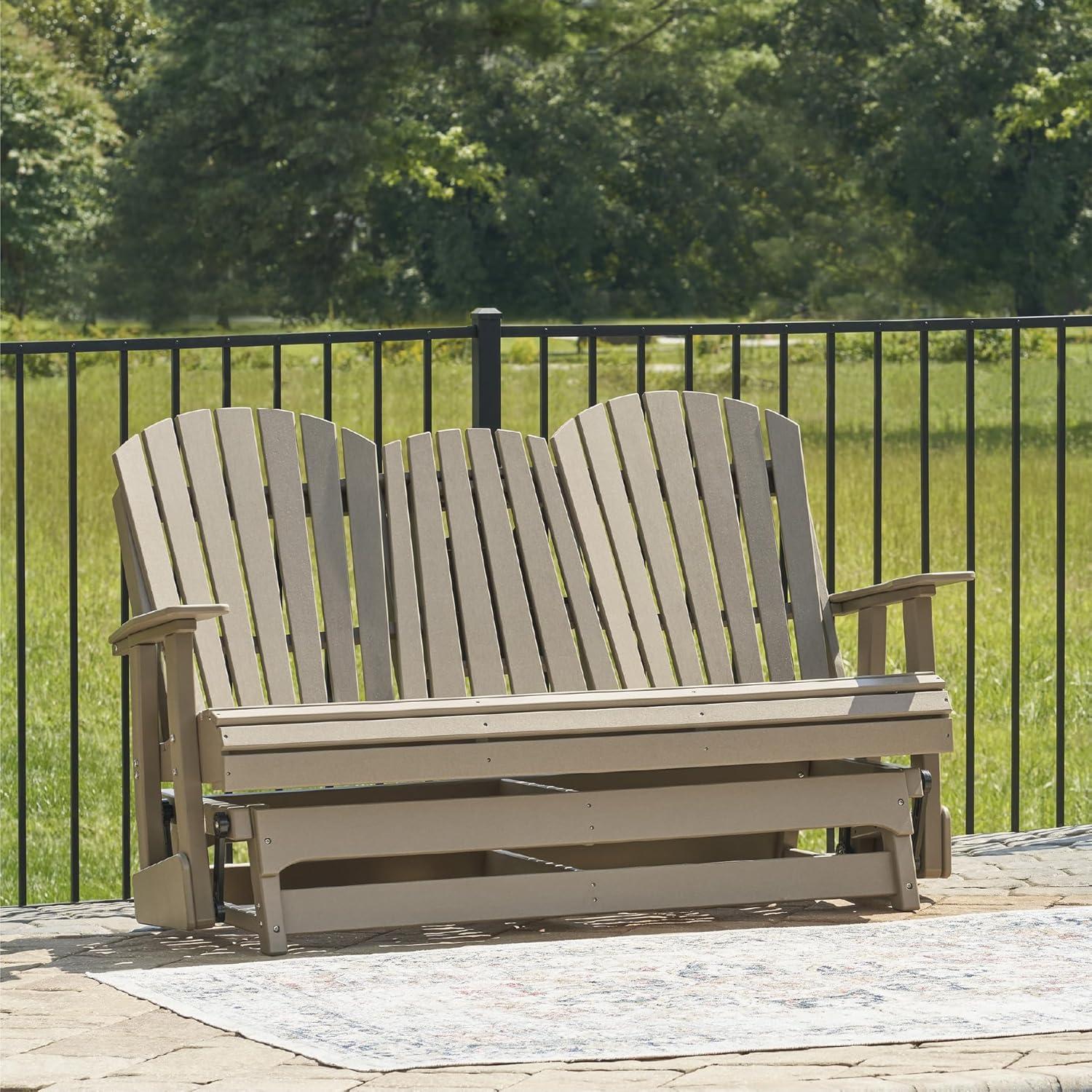 imageSignature Design by Ashley Hyland Wave Modern Weather Resistant HDPE Outdoor Glider Loveseat with Drop Down Table and 2 Cup Holders BlackBrown