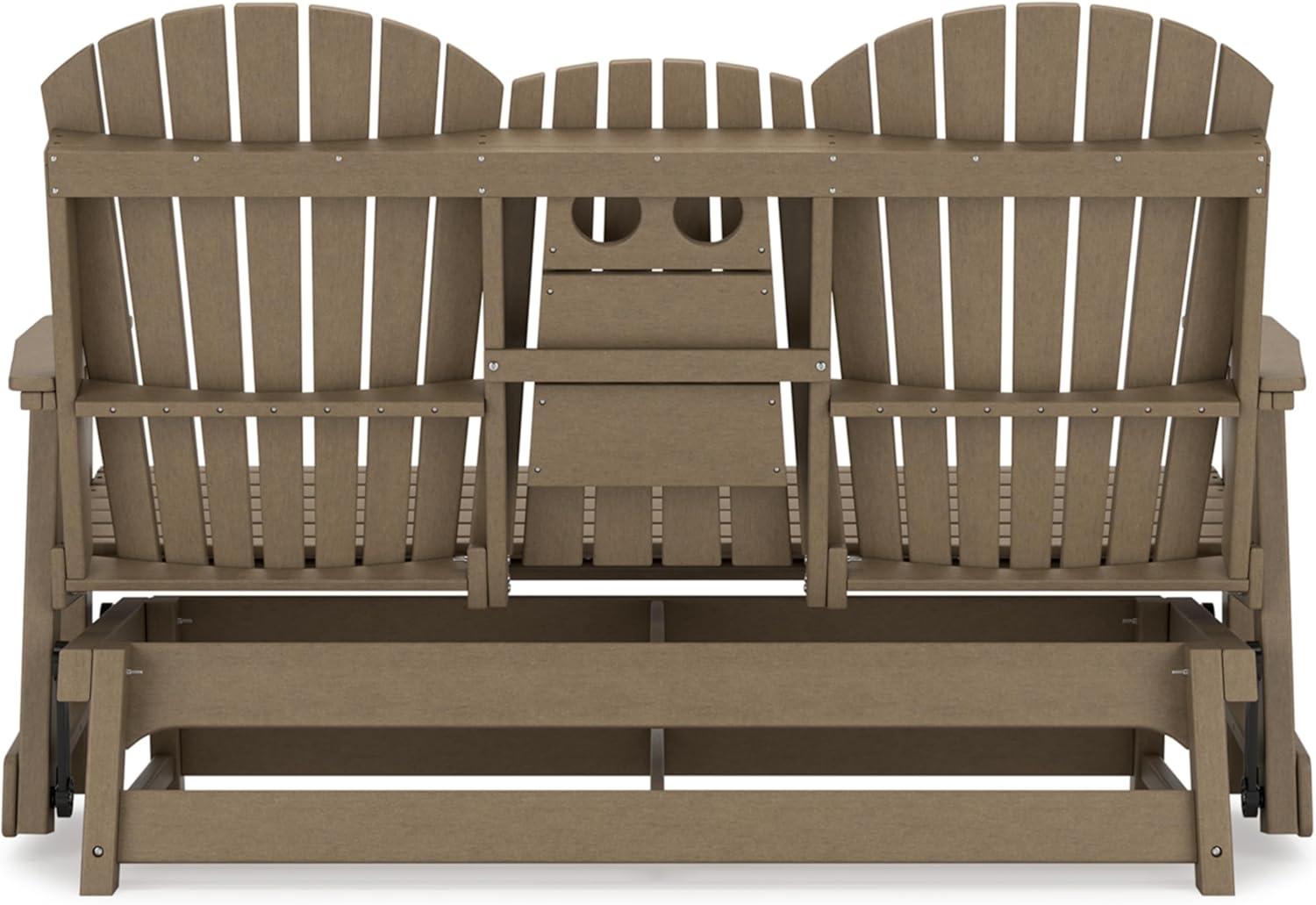 imageSignature Design by Ashley Hyland Wave Modern Weather Resistant HDPE Outdoor Glider Loveseat with Drop Down Table and 2 Cup Holders BlackBrown