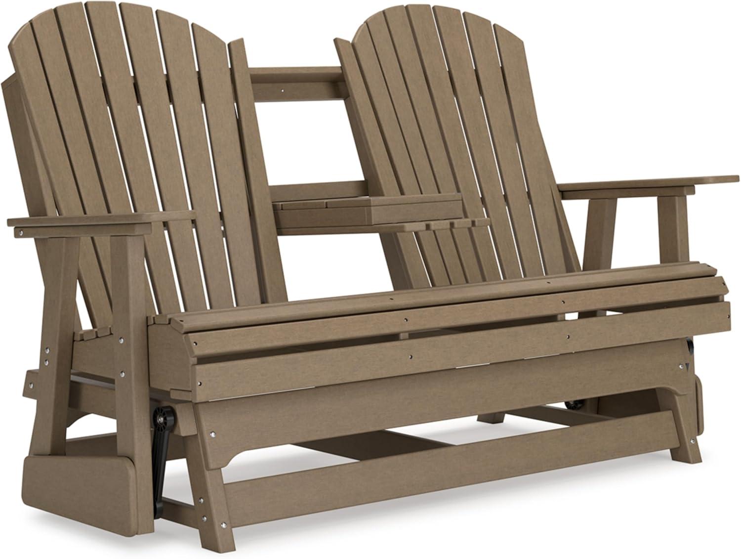 imageSignature Design by Ashley Hyland Wave Modern Weather Resistant HDPE Outdoor Glider Loveseat with Drop Down Table and 2 Cup Holders BlackBrown