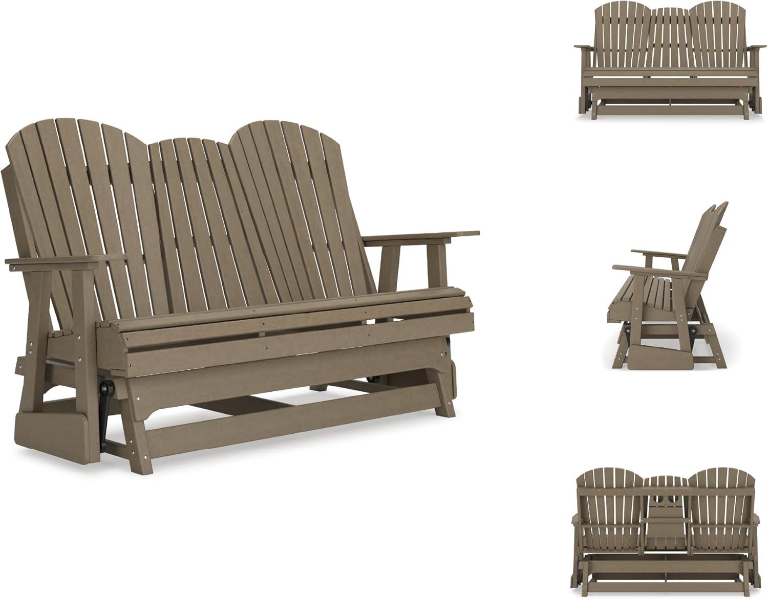 imageSignature Design by Ashley Hyland Wave Modern Weather Resistant HDPE Outdoor Glider Loveseat with Drop Down Table and 2 Cup Holders BlackBrown