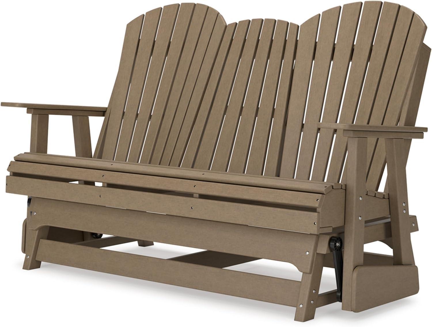 imageSignature Design by Ashley Hyland Wave Modern Weather Resistant HDPE Outdoor Glider Loveseat with Drop Down Table and 2 Cup Holders BlackBrown