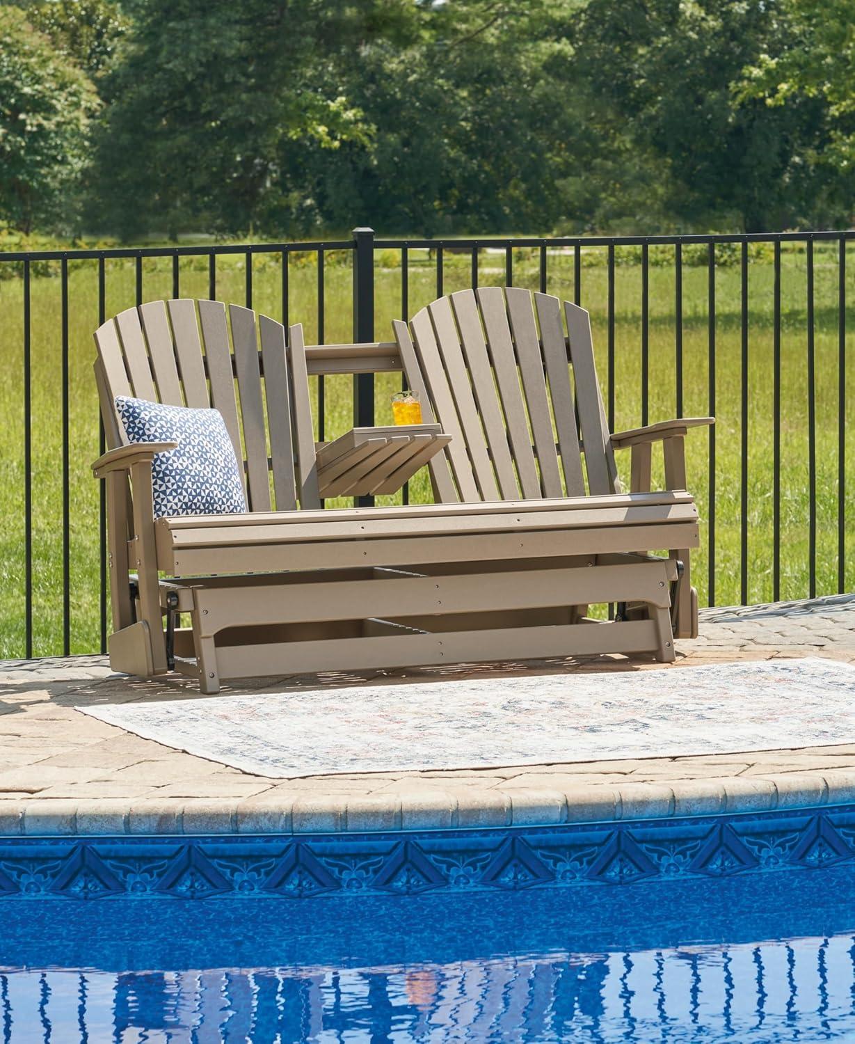 imageSignature Design by Ashley Hyland Wave Modern Weather Resistant HDPE Outdoor Glider Loveseat with Drop Down Table and 2 Cup Holders BlackBrown