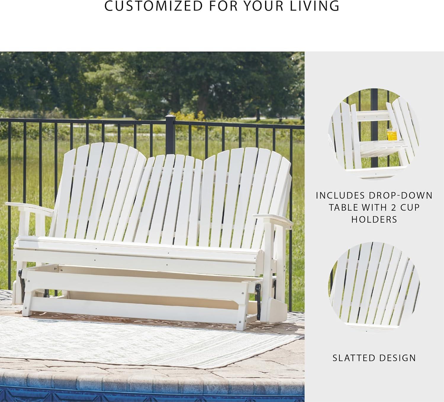imageSignature Design by Ashley Hyland Wave Modern Weather Resistant HDPE Outdoor Glider Loveseat with Drop Down Table and 2 Cup Holders BlackWhite