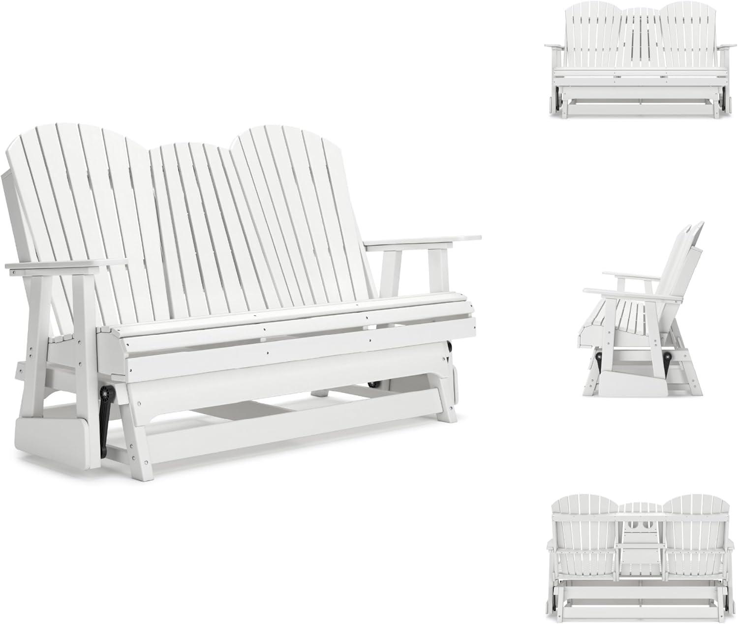 imageSignature Design by Ashley Hyland Wave Modern Weather Resistant HDPE Outdoor Glider Loveseat with Drop Down Table and 2 Cup Holders BlackWhite