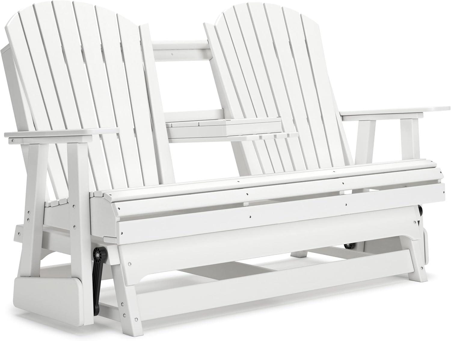 imageSignature Design by Ashley Hyland Wave Modern Weather Resistant HDPE Outdoor Glider Loveseat with Drop Down Table and 2 Cup Holders BlackWhite