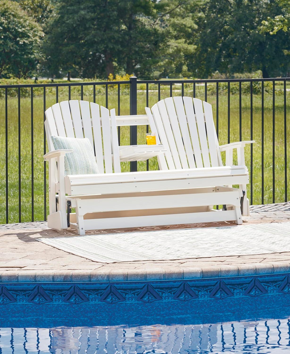 imageSignature Design by Ashley Hyland Wave Modern Weather Resistant HDPE Outdoor Glider Loveseat with Drop Down Table and 2 Cup Holders BlackWhite