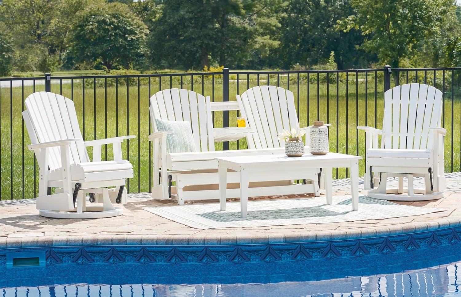 imageSignature Design by Ashley Hyland Wave Modern Weather Resistant HDPE Outdoor Glider Loveseat with Drop Down Table and 2 Cup Holders BlackWhite