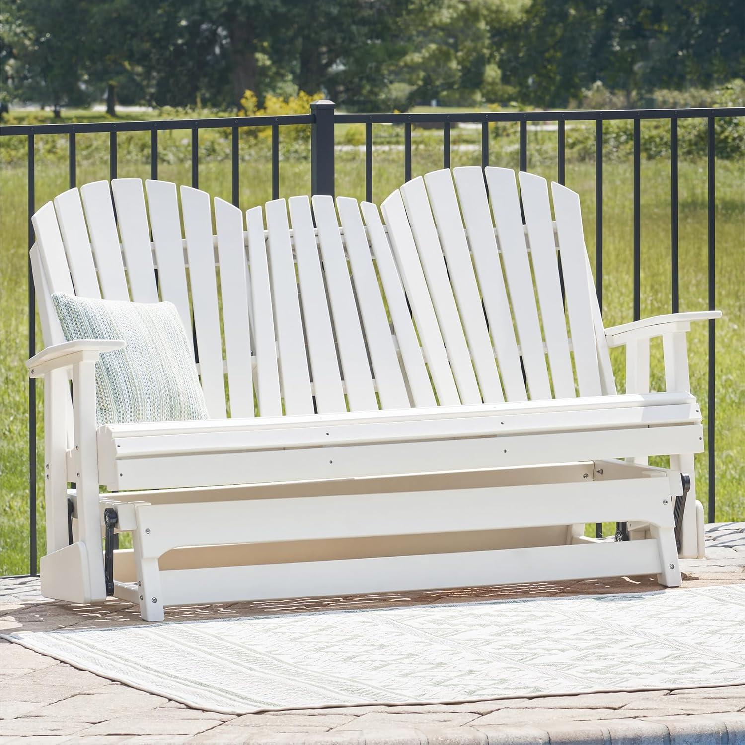 imageSignature Design by Ashley Hyland Wave Modern Weather Resistant HDPE Outdoor Glider Loveseat with Drop Down Table and 2 Cup Holders BlackWhite