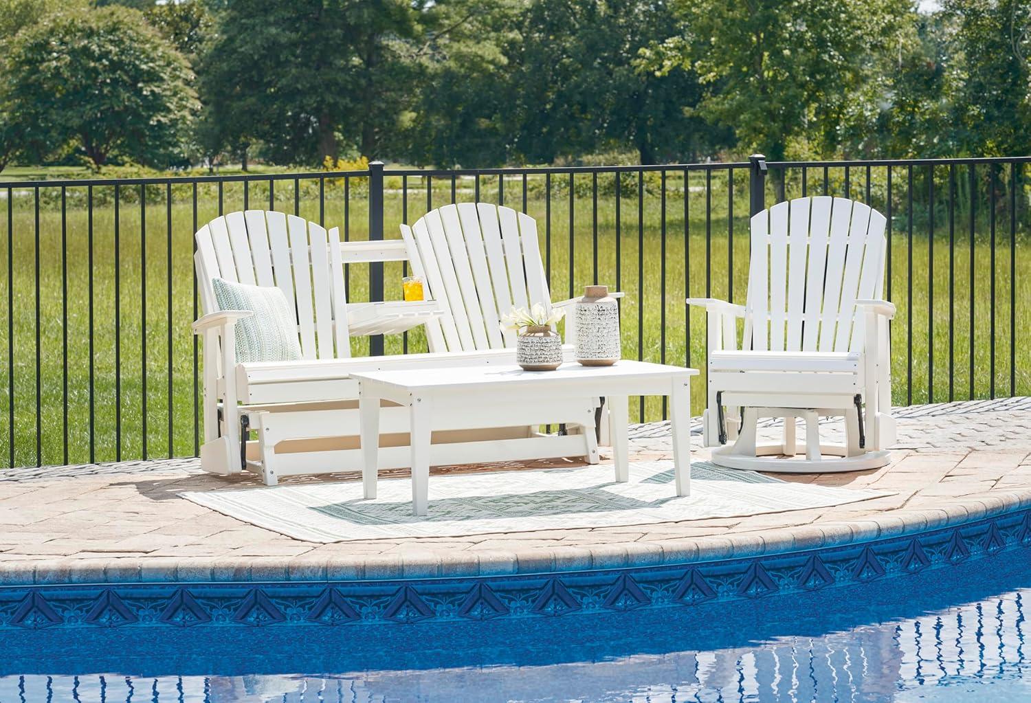 imageSignature Design by Ashley Hyland Wave Modern Weather Resistant HDPE Outdoor Glider Loveseat with Drop Down Table and 2 Cup Holders BlackWhite