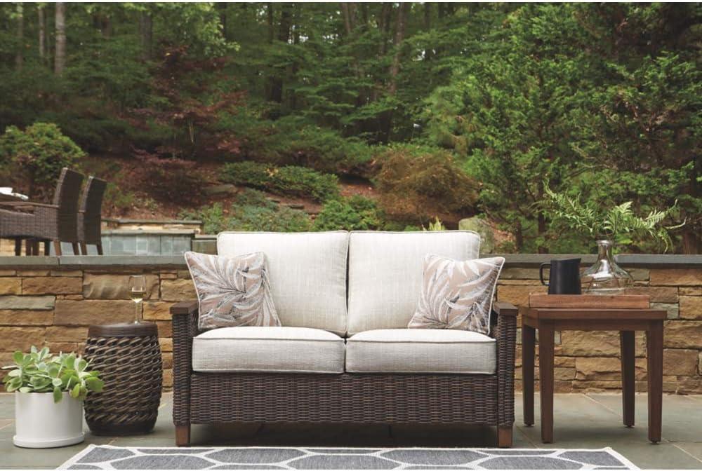 imageSignature Design by Ashley Paradise Trail Outdoor Loveseat with All Weather Cushions Nuvella Weather Resistant Fabric Medium BrownDark Brown