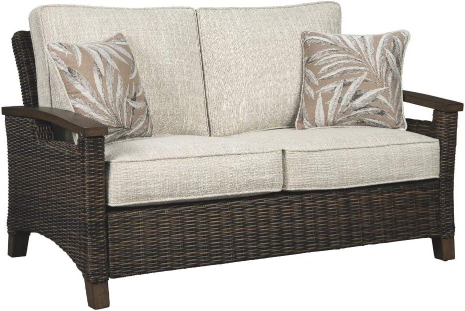 imageSignature Design by Ashley Paradise Trail Outdoor Loveseat with All Weather Cushions Nuvella Weather Resistant Fabric Medium BrownDark Brown